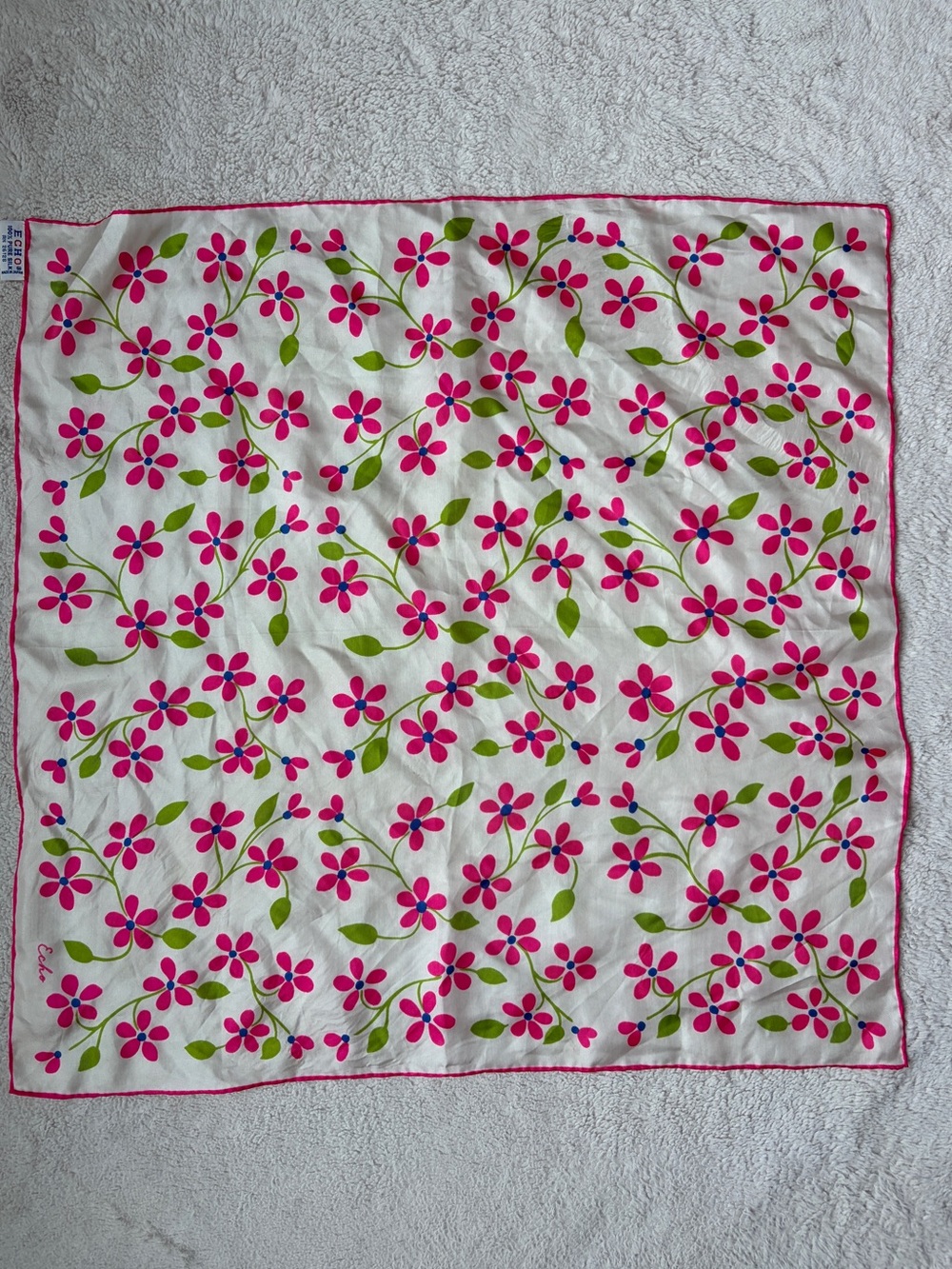 Vintage 70s 80s Echo Pink & Green Floral Silk Square Scarf